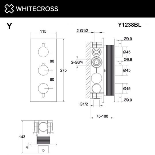 Смеситель термостатический для душа скрытого монтажа WHITECROSS Y Y1238BL черный схема 3