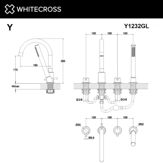 Смеситель для ванны на 4 отверстия WHITECROSS Y Y1232GL золото ФОТО