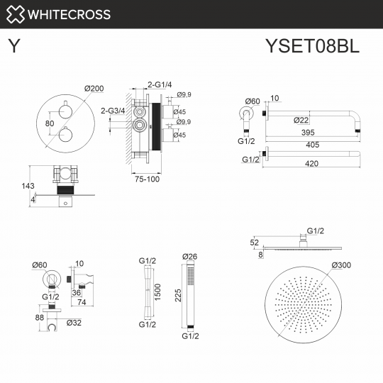 Термостатическая душевая система скрытого монтажа WHITECROSS Y YSET08BL черный матовый схема 3
