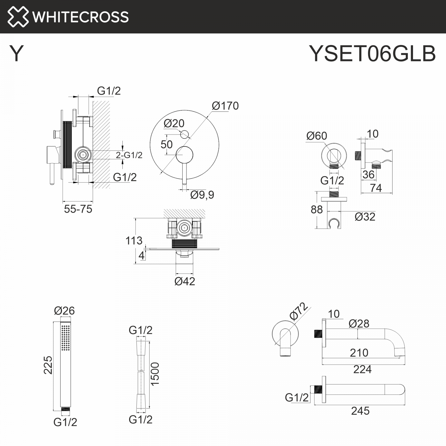 Душевая система с изливом скрытого монтажа WHITECROSS Y YSET06GLB золото браш схема 3