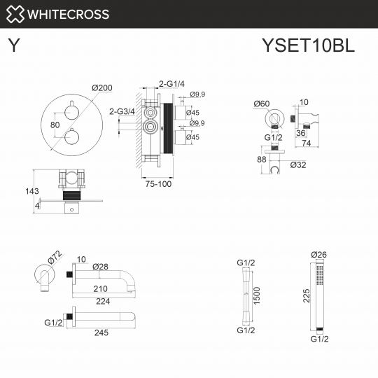 Термостатическая система для ванны скрытого монтажа WHITECROSS Y YSET10BL (черный мат) ФОТО