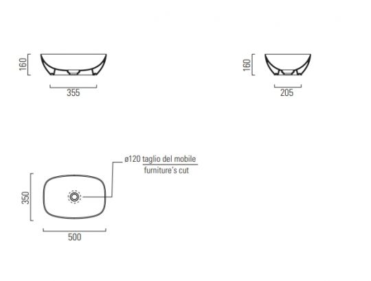 Раковина-чаша накладная GSI NUBES 978411 350 мм х 500 мм, без перелива, белая глянцевая схема 3