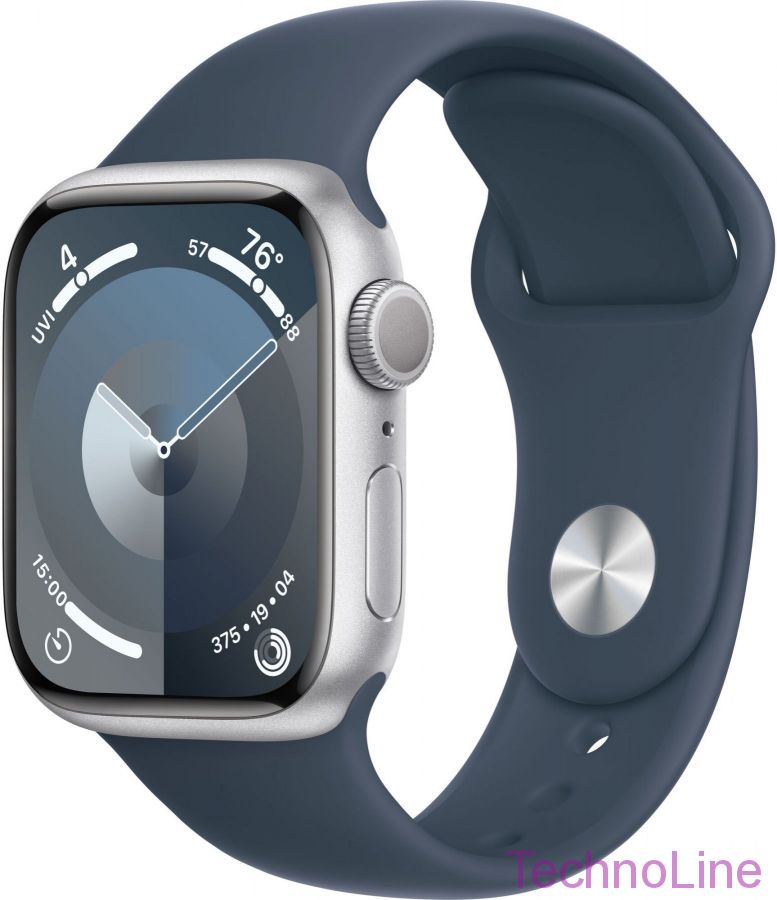 Apple Watch Series 9 45 мм Aluminium Case GPS, Silver/Storm Blue Sport Band S/M