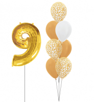 Комплект из шаров золото и с золотым конфетти, с цифрой, фигурой 9