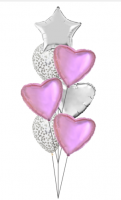 Композиция из шаров звезды серебро, сердца розовые, с конфетти с цифрами Серебро