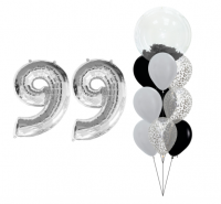 Набор шаров  баблс с перьями, шары с серебряными конфетти, латексные черные и серебряные 99