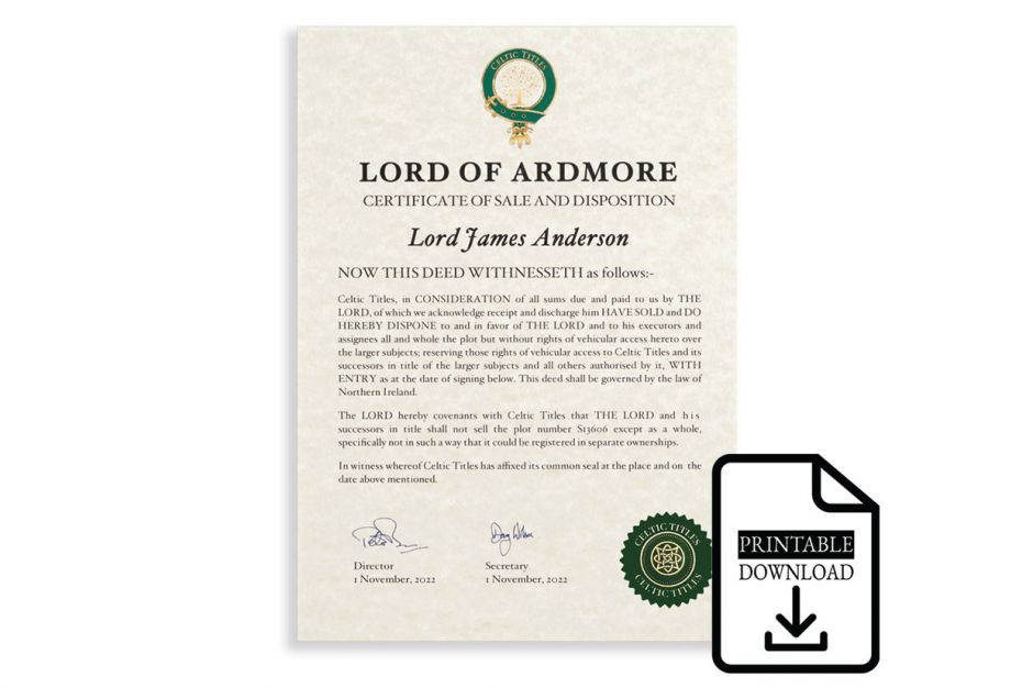 Lord veya Lady unvanı ve İrlanda'da 1 metrekarelik arazi (Ardmore) (yalnızca dijital *PDF versiyonu)