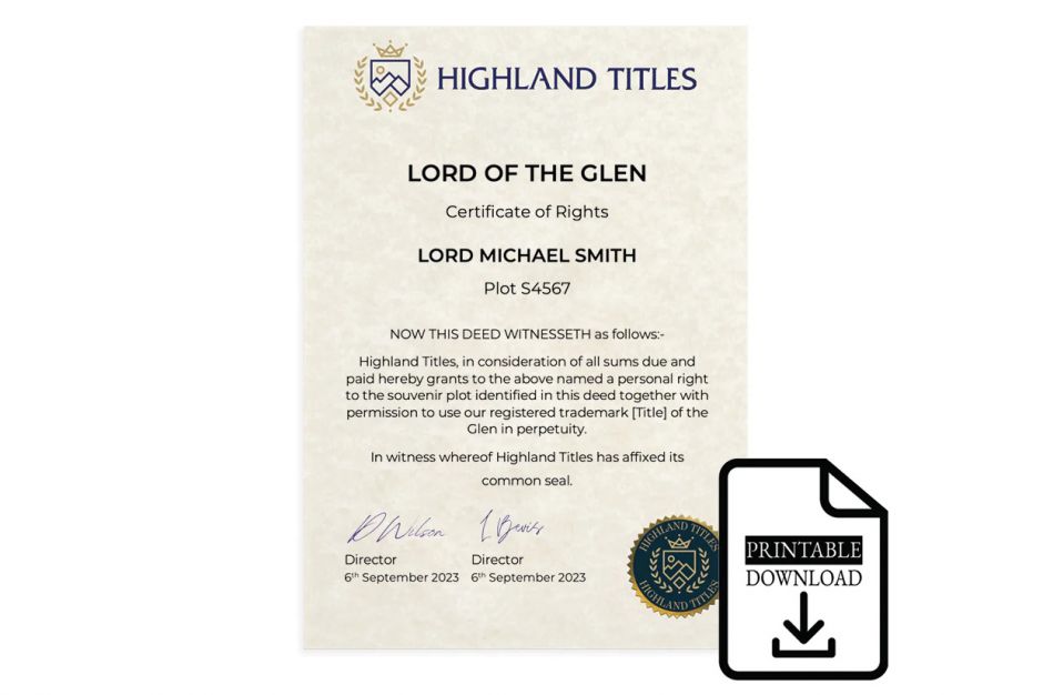 Lord veya Lady unvanı ve İskoçya'da 1 metrekarelik arazi (Kilnaish) (yalnızca dijital *PDF versiyonu)