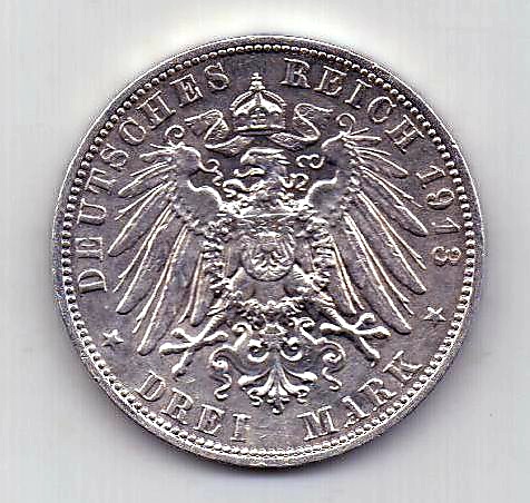 3 марки 1913 Саксония AUNC Редкий тип Германия