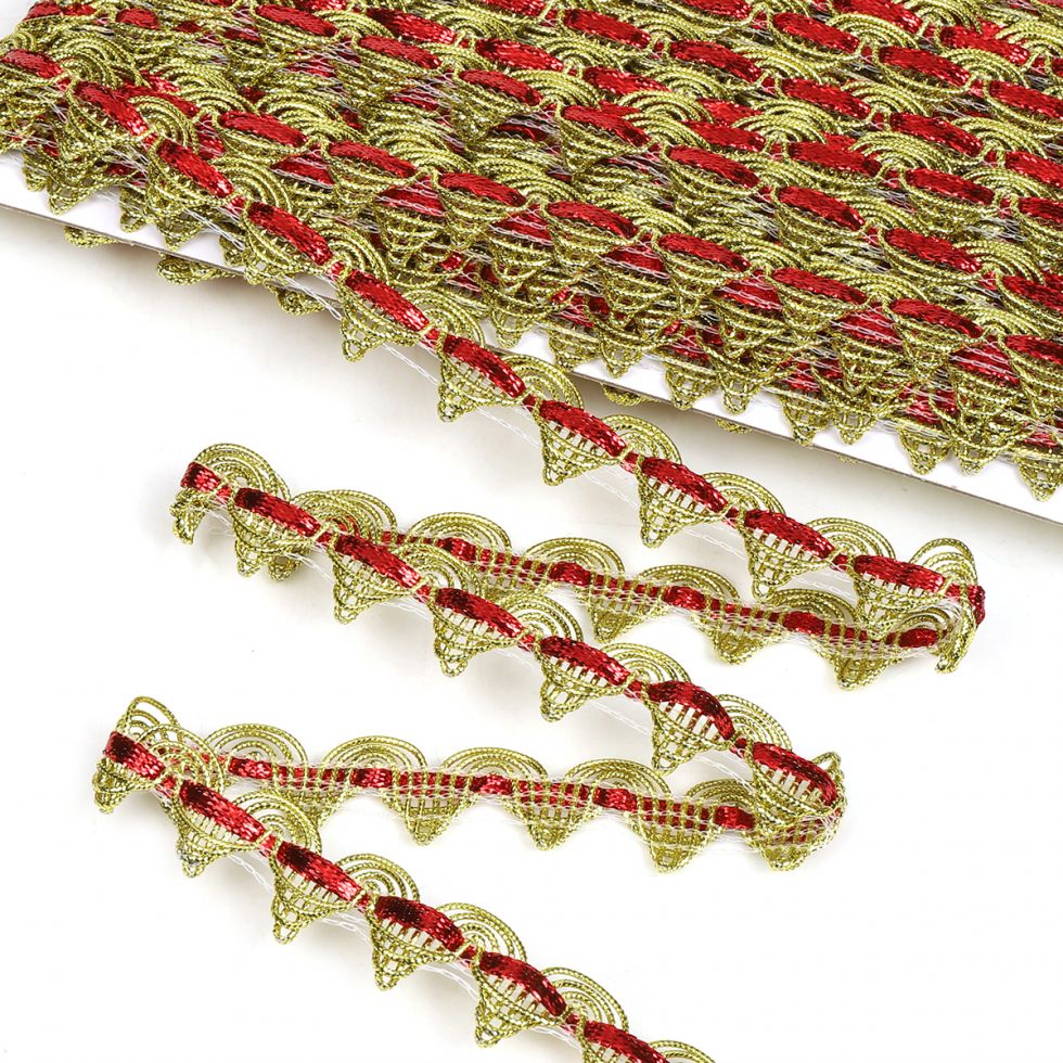 Тесьма отделочная плетеная металлизированная с красной атласной лентой ширина 20 мм Разные цвета (TBY9295)