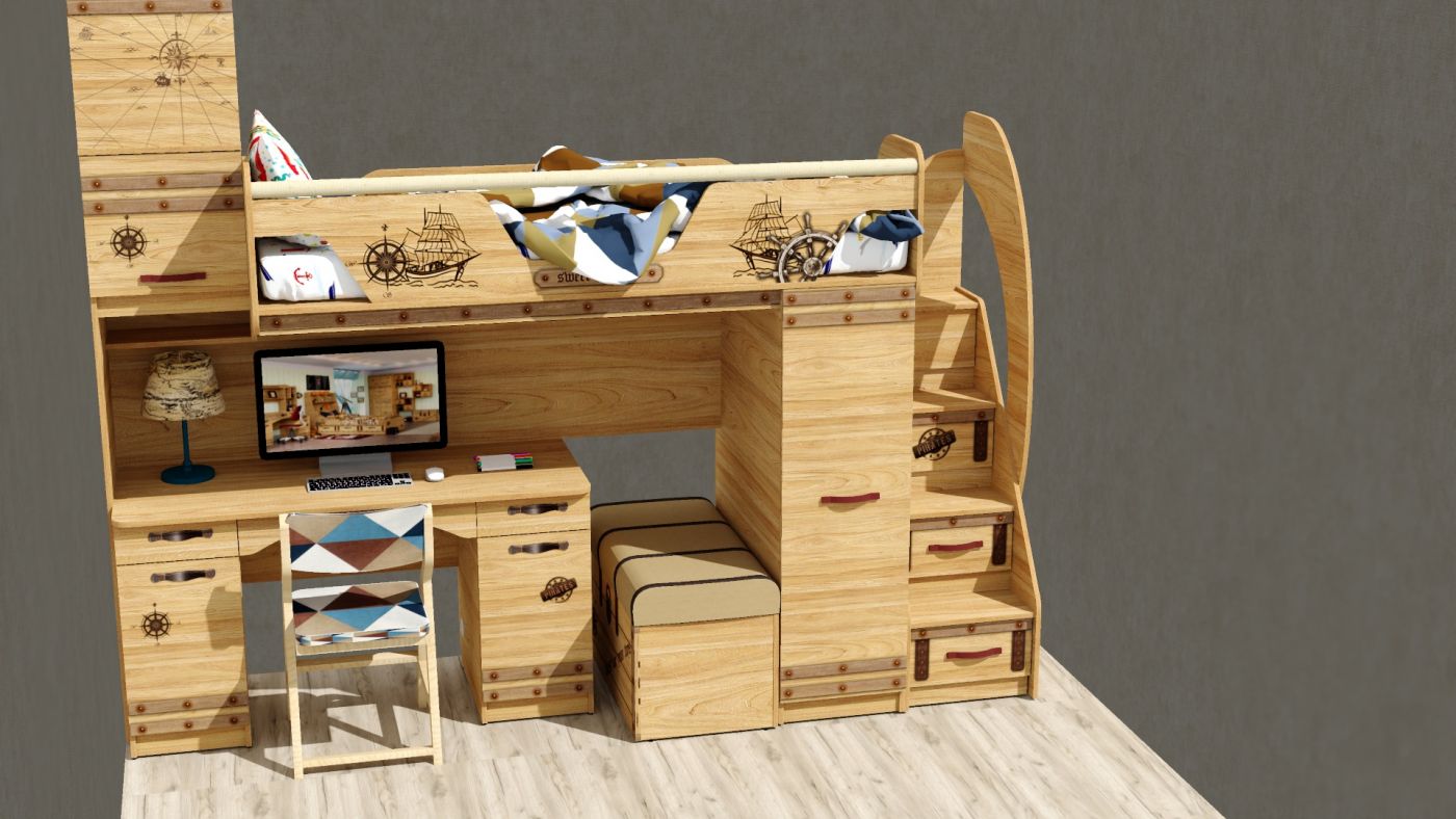 Кровать-чердак Корсар со столом и сундуком