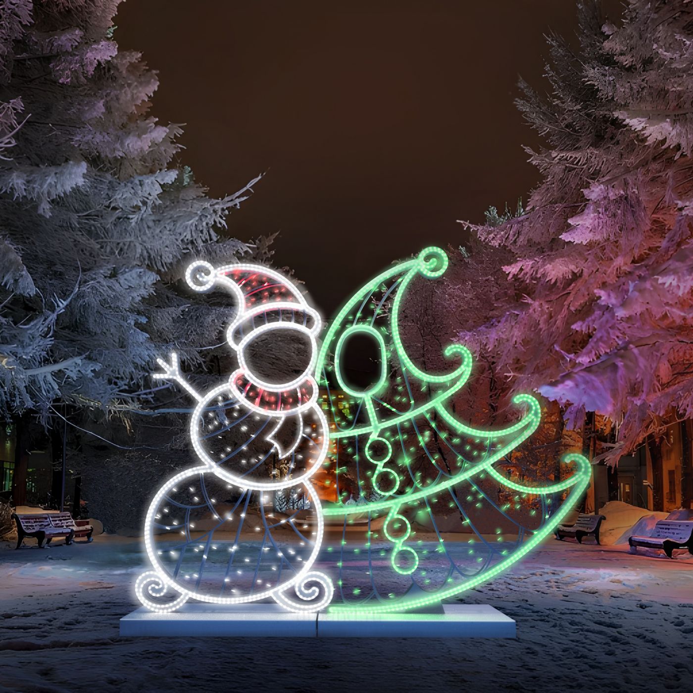 Фотозона световая "Снеговик и ёлка"