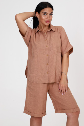 566-Женский костюм шорты облегченный лен (Песочный)