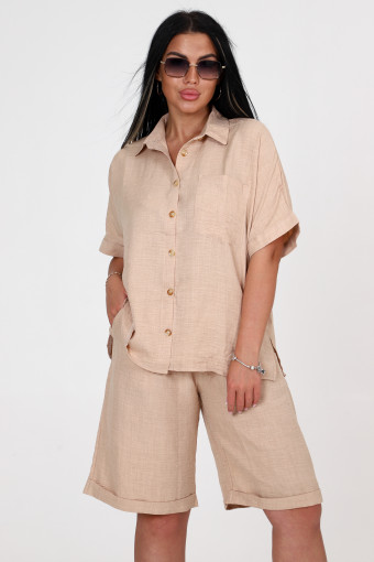 566-Женский костюм шорты облегченный лен (Бежевый)