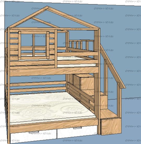 Кровать двухъярусная Домик Roof №48, различные цвета и размеры