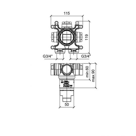 Скрытая часть смесителя ALMAR Modular E186900 схема 2