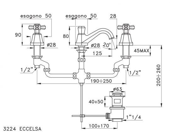 Смеситель Stella Eccelsa для раковины на 3 отверстия 3224 с донным клапаном схема 4