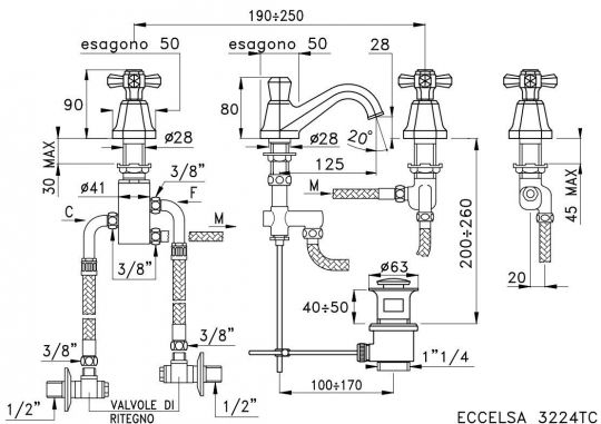 Смеситель Stella Eccelsa для раковины на 3 отверстия 3224TC с донным клапаном схема 4