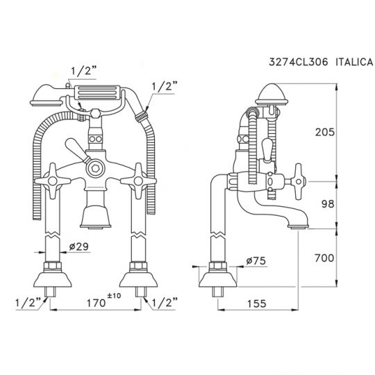 Напольный смеситель для ванны Stella Italica 3274CL306 с ручным душем схема 4