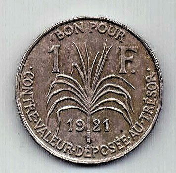 1 франк 1921 Гваделупа UNC Франция