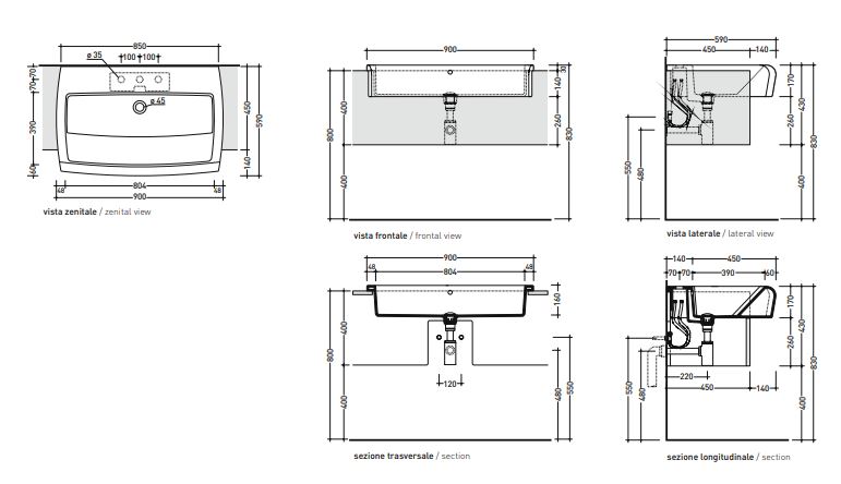 Раковина Flaminia Una 90 Semi-Inset Basin 90х59 схема 3