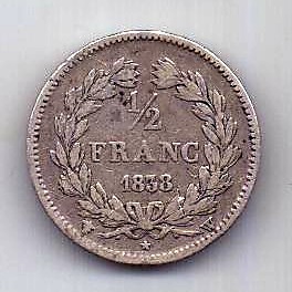 1/2 франка 1838 Франция W Редкость XF