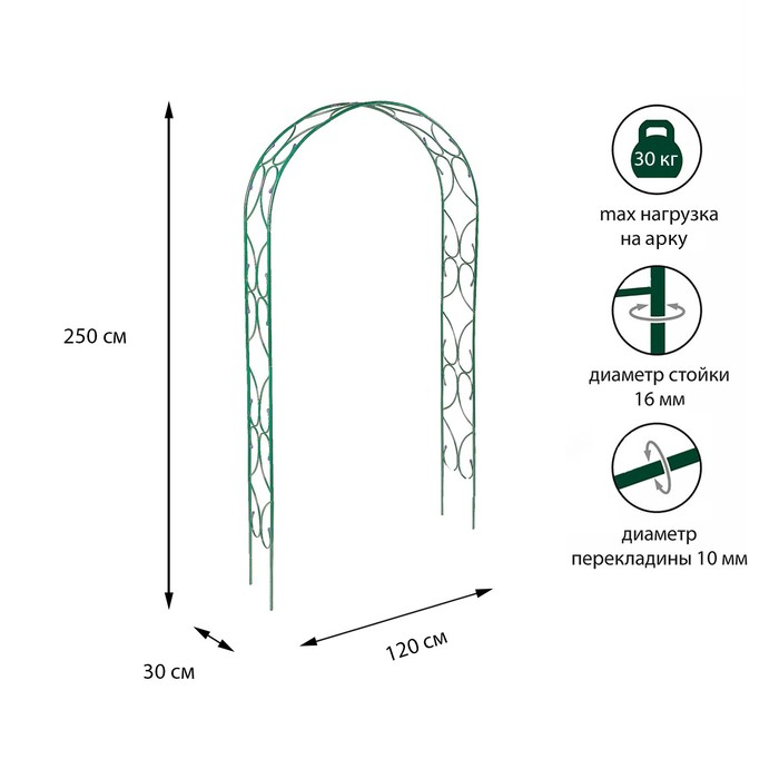 Арка садовая, разборная, 250 ? 120 ? 30 см, металл, зелёная, «Узор-2»