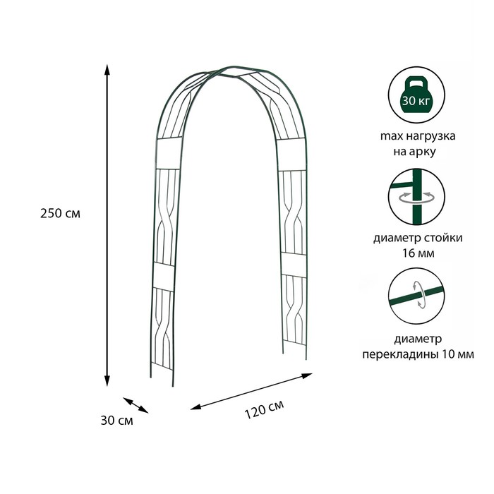 Арка садовая, разборная, 250 ? 120 ? 30 см, металл, зелёная