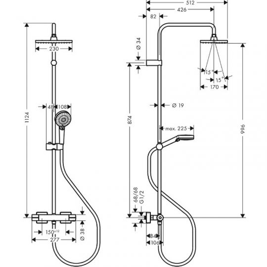 Душевая система Hansgrohe Vernis Shape Showerpipe 26286670 с термостатом черный матовый схема 4