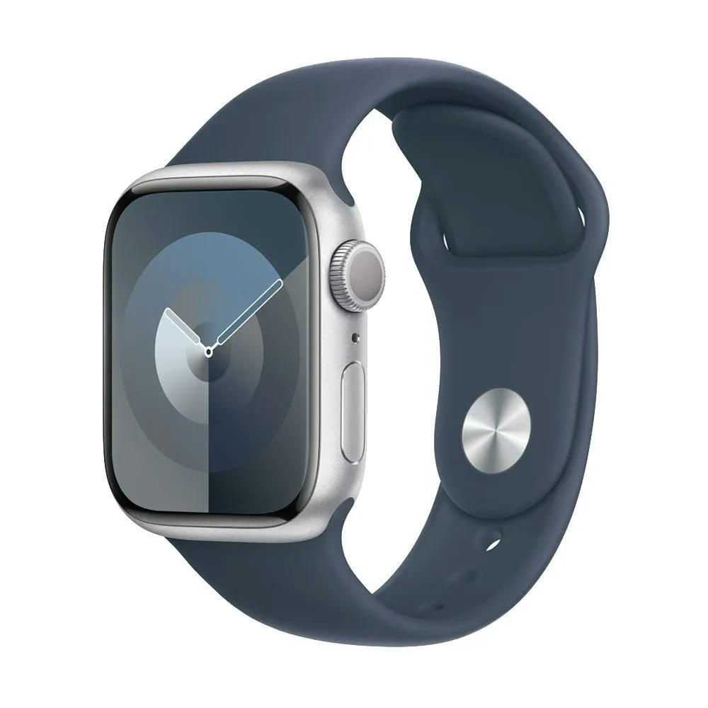 Apple Watch Series 9 41mm (GPS) Silver Aluminum Case with Storm Blue Sport Band (S/M) (MR903)