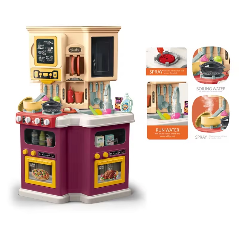 Детская игровая кухня с двумя духовками и буфетом с паром, водой, звуками, 72 аксессуара (922-139)