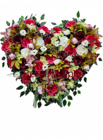 Фото Ритуальный венок Сердце красные и белые розы, пионы, лилии
