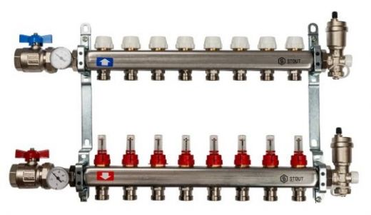 Stout 1" x 3/4" на 8 выходов коллектор с расходомерами в сборе из нерж. стали (SMS-0907-000008)