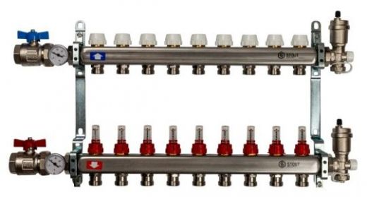 Stout 1" x 3/4" на 9 выходов коллектор с расходомерами в сборе из нерж. стали (SMS-0907-000009)