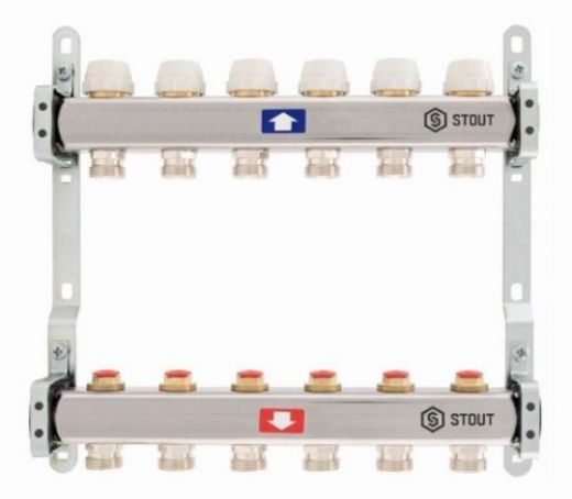 Stout 1" x 3/4" на 12 выходов коллектор для радиаторного отопления из нерж. стали (SMS-0922-000012)