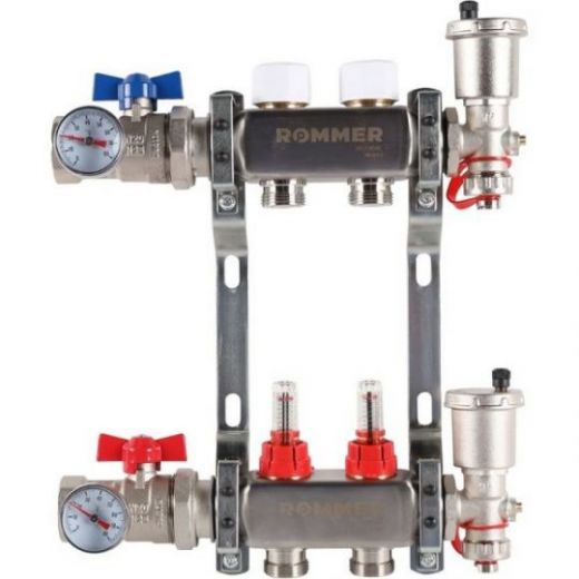 Rommer коллектор 1"x3/4", 2 контура с расходомерами в сборе из нерж. стали RMS-1210-000002