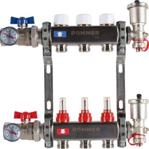 Rommer коллектор 1"x3/4", 3 контура с расходомерами в сборе из нерж. стали RMS-1210-000003