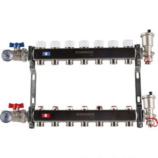 Rommer коллектор 1"x3/4", 7 контуров с запорными клапанами в сборе из нерж. стали RMS-3210-000007