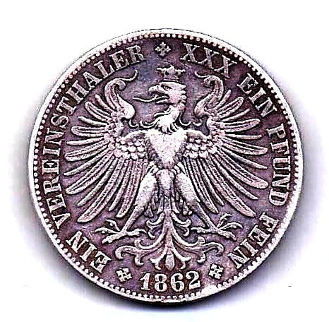 1 талер 1862 Франкфурт Германия XF- VF