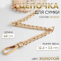 Цепочка для сумки, с карабинами, железная, 12,5 ? 7,5 мм, 60 см, цвет золотой