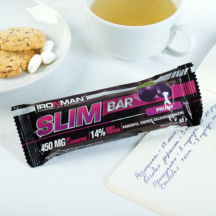 Батончик Slim Bar с L-карнитином, чернослив, тёмная глазурь, спортивное питание, 50 г