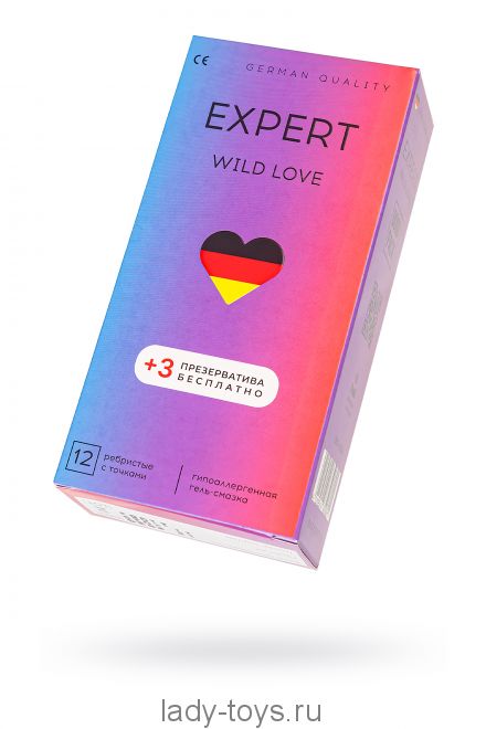 Презервативы EXPERT Wild Love Germany 12шт +(3 бесплатно), ребристые с точками