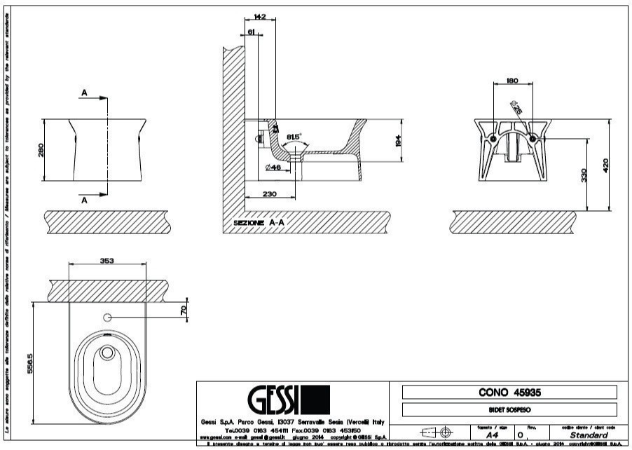 Gessi биде подвесное 45935518 316 55,7х35,3 схема 2