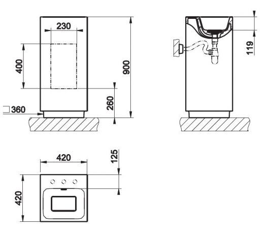 Напольная раковина со сливом в стену Gessi Rettangolo 37526 42х42 ФОТО