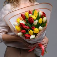 Букет из 25 красных, желтых и белых тюльпанов