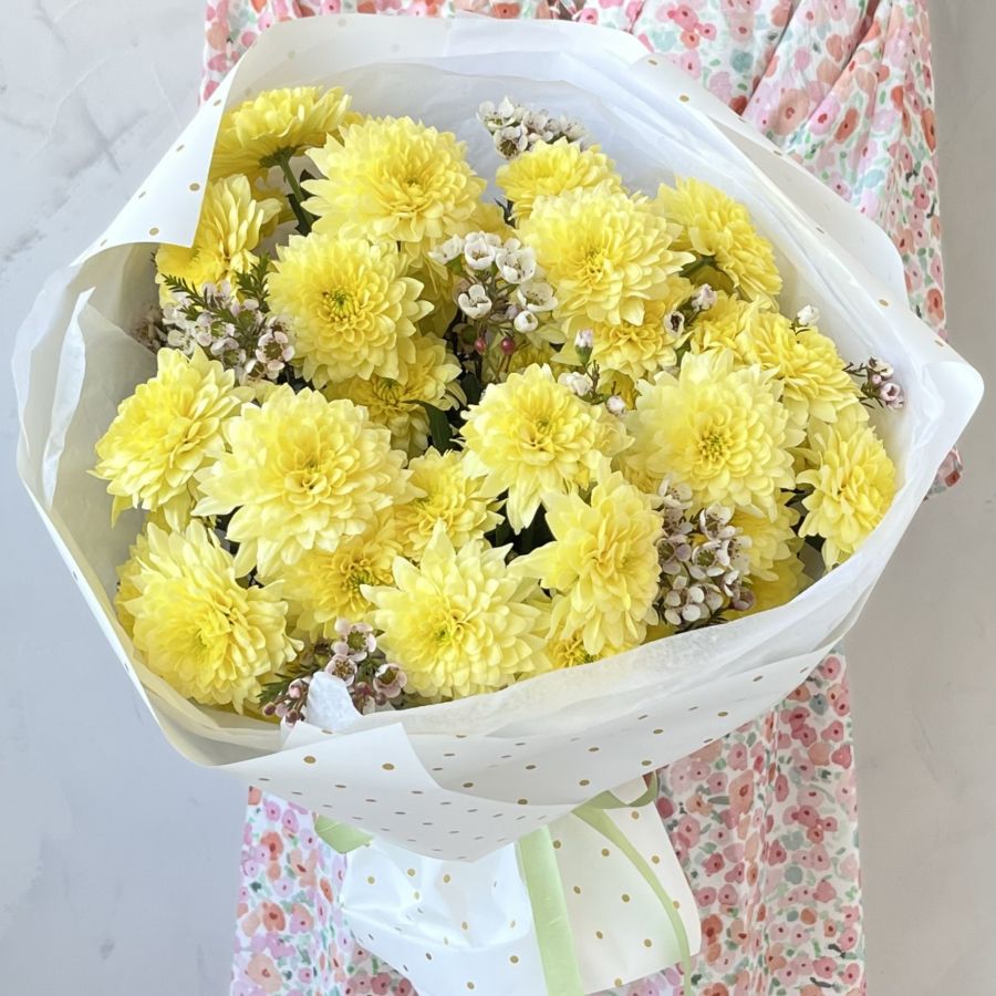Желтые хризантемы и ваксфлауэр